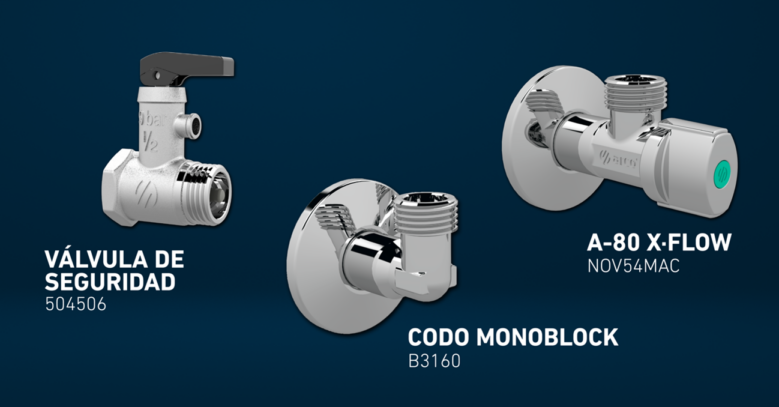 válvula de escuadra X-FLOW, válvula de seguridad Thermo y codo monoblock.